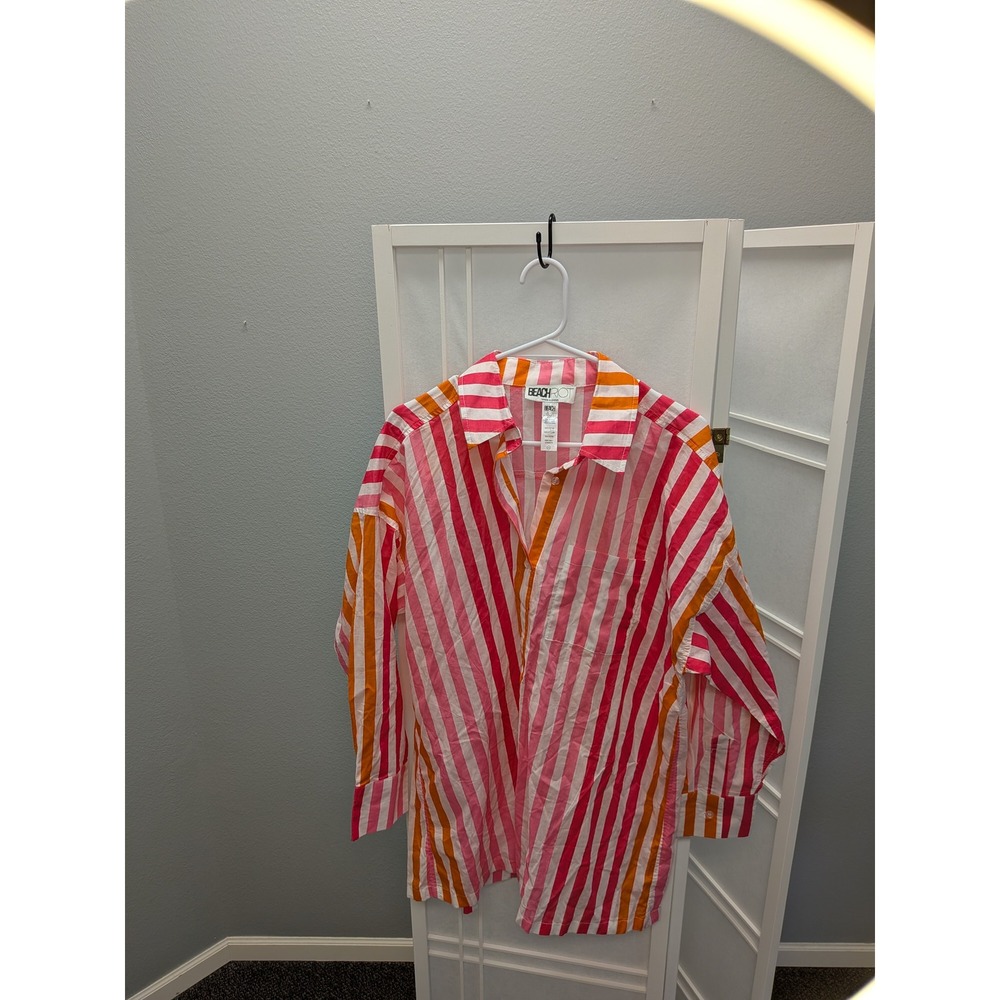 Beach Riot Pink Orange Striped Cotton Oversized Button Down Shirt L/XL Coverup